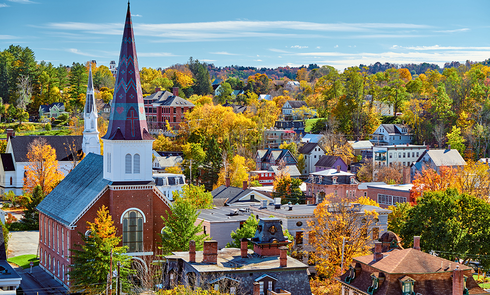 An aerial photo of Montpelier in the Fall.